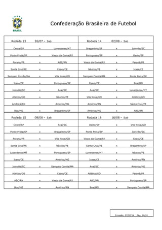 Confederação Brasileira de Futebol

Rodada 13

26/07 - Sab

Rodada 14

02/08 - Sab

Oeste/SP

x

Luverdense/MT

Bragantino/SP

x

Joinville/SC

Ponte Preta/SP

x

Vasco da Gama/RJ

Portuguesa/SP

x

Oeste/SP

Paraná/PR

x

ABC/RN

Vasco da Gama/RJ

x

Paraná/PR

Santa Cruz/PE

x

Ceará/CE

Náutico/PE

x

Icasa/CE

Sampaio Corrêa/MA

x

Vila Nova/GO

Sampaio Corrêa/MA

x

Ponte Preta/SP

Icasa/CE

x

Portuguesa/SP

Ceará/CE

x

Boa/MG

Joinville/SC

x

Avaí/SC

Avaí/SC

x

Luverdense/MT

Atlético/GO

x

Náutico/PE

Vila Nova/GO

x

Atlético/GO

América/RN

x

América/MG

América/RN

x

Santa Cruz/PE

Boa/MG

x

Bragantino/SP

América/MG

x

ABC/RN

Rodada 15

09/08 - Sab

Rodada 16

16/08 - Sab

Oeste/SP

x

Avaí/SC

Oeste/SP

x

Vila Nova/GO

Ponte Preta/SP

x

Bragantino/SP

Ponte Preta/SP

x

Joinville/SC

Paraná/PR

x

Vila Nova/GO

Vasco da Gama/RJ

x

Ceará/CE

Santa Cruz/PE

x

Náutico/PE

Santa Cruz/PE

x

Bragantino/SP

Luverdense/MT

x

Portuguesa/SP

Luverdense/MT

x

Náutico/PE

Icasa/CE

x

América/MG

Icasa/CE

x

América/RN

Joinville/SC

x

Sampaio Corrêa/MA

Avaí/SC

x

América/MG

Atlético/GO

x

Ceará/CE

Atlético/GO

x

Paraná/PR

ABC/RN

x

Vasco da Gama/RJ

ABC/RN

x

Portuguesa/SP

Boa/MG

x

América/RN

Boa/MG

x

Sampaio Corrêa/MA

Emissão: 07/02/14

Pág. 04/10

 