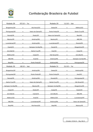 Confederação Brasileira de Futebol

Rodada 28

07/10 - Ter

Rodada 29

11/10 - Sab

Bragantino/SP

x

Vila Nova/GO

Oeste/SP

x

Atlético/GO

Portuguesa/SP

x

Vasco da Gama/RJ

Ponte Preta/SP

x

Santa Cruz/PE

Paraná/PR

x

Oeste/SP

Vasco da Gama/RJ

x

Boa/MG

Náutico/PE

x

América/MG

Náutico/PE

x

ABC/RN

Luverdense/MT

x

América/RN

Luverdense/MT

x

Paraná/PR

Ceará/CE

x

Sampaio Corrêa/MA

Ceará/CE

x

Bragantino/SP

Joinville/SC

x

Santa Cruz/PE

Avaí/SC

x

Icasa/CE

Atlético/GO

x

Icasa/CE

Vila Nova/GO

x

Joinville/SC

ABC/RN

x

Avaí/SC

América/RN

x

Sampaio Corrêa/MA

Boa/MG

x

Ponte Preta/SP

América/MG

x

Portuguesa/SP

Rodada 30

18/10 - Sab

Rodada 31

21/10 - Ter

Bragantino/SP

x

América/RN

Oeste/SP

x

América/MG

Portuguesa/SP

x

Ponte Preta/SP

Ponte Preta/SP

x

Avaí/SC

Paraná/PR

x

América/MG

Paraná/PR

x

Portuguesa/SP

Santa Cruz/PE

x

Vasco da Gama/RJ

Santa Cruz/PE

x

Vila Nova/GO

Sampaio Corrêa/MA

x

Náutico/PE

Sampaio Corrêa/MA

x

Bragantino/SP

Icasa/CE

x

Oeste/SP

Icasa/CE

x

Ceará/CE

Joinville/SC

x

Ceará/CE

Joinville/SC

x

ABC/RN

Atlético/GO

x

Avaí/SC

Atlético/GO

x

Luverdense/MT

ABC/RN

x

Luverdense/MT

América/RN

x

Vasco da Gama/RJ

Boa/MG

x

Vila Nova/GO

Boa/MG

x

Náutico/PE

Emissão: 07/02/14

Pág. 08/10

 