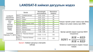 LANDSAT-8 хиймэл дагуулын мэдээ
13
Хүснэгт: Хиймэл дагуулын спектрийн
сувгууд
Ойрын нэл улаан туяаны муж (NIR)
Үзэгдэх гэрлийн улаан туяаны муж (Red)
Эдгээр сувгийн мэдээг ашиглан NDVI
тооцоолсон
𝑁𝐷𝑉𝐼 =
𝑁𝐼𝑅 − 𝑅𝐸𝐷
𝑁𝐼𝑅 + 𝑅𝐸𝐷
Ургамлын нормчлогдсон индекс тооцох
томьёо
 