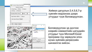 15
Хиймэл дагуулын 2,4,5,6,7-р
сувгийн мэдээнээс дээрх
утгуудыг түүж боловсруулсан.
Боловсруулсан үр дүнгээс
хээрийн хэмжилтийн цэгүүдийн
утгуудыг түүн Microsoft Excel
программ луу хөрвүүлж олон
хүчин зүйлийн регрессийн
шинжилгээ хийсэн.
 