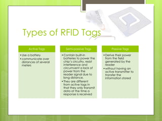 Types of RFID Tags
      Active Tags          Semi-passive Tags              Passive Tags

•Use a battery          •Contain built-in           •Derive their power
•communicate over        batteries to power the      from the field
 distances of several    chip’s circuitry, resist    generated by the
 meters                  interference and            reader
                         circumvent a lack of       •without having an
                         power from the              active transmitter to
                         reader signal due to        transfer the
                         long distance.              information stored
                        •They are different
                         from active tags in
                         that they only transmit
                         data at the time a
                         response is received
 