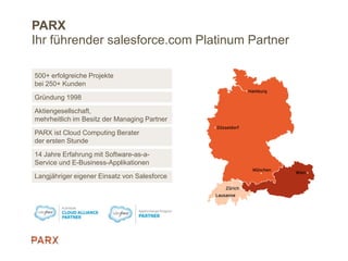 PARX
Ihr führender salesforce.com Platinum Partner
500+ erfolgreiche Projekte
bei 250+ Kunden
Gründung 1998
Aktiengesellschaft,
mehrheitlich im Besitz der Managing Partner
PARX ist Cloud Computing Berater
der ersten Stunde
14 Jahre Erfahrung mit Software-as-a-
Service und E-Business-Applikationen
Langjähriger eigener Einsatz von Salesforce
 
