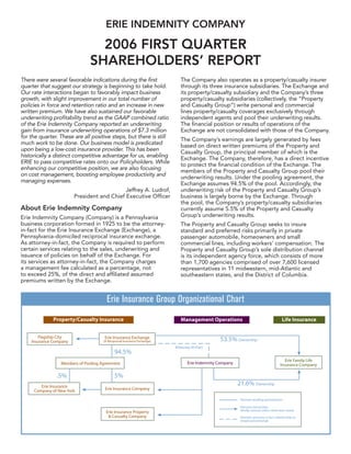 ERIE INDEMNITY COMPANY

                                2006 FIRST QUARTER
                              SHAREHOLDERS’ REPORT
There were several favorable indications during the first           The Company also operates as a property/casualty insurer
quarter that suggest our strategy is beginning to take hold.        through its three insurance subsidiaries. The Exchange and
Our rate interactions began to favorably impact business            its property/casualty subsidiary and the Company’s three
growth, with slight improvement in our total number of              property/casualty subsidiaries (collectively, the “Property
policies in force and retention ratio and an increase in new        and Casualty Group”) write personal and commercial
written premium. We have also sustained our favorable               lines property/casualty coverages exclusively through
underwriting profitability trend as the GAAP combined ratio         independent agents and pool their underwriting results.
of the Erie Indemnity Company reported an underwriting              The financial position or results of operations of the
gain from insurance underwriting operations of $7.3 million         Exchange are not consolidated with those of the Company.
for the quarter. These are all positive steps, but there is still   The Company’s earnings are largely generated by fees
much work to be done. Our business model is predicated              based on direct written premiums of the Property and
upon being a low-cost insurance provider. This has been             Casualty Group, the principal member of which is the
historically a distinct competitive advantage for us, enabling      Exchange. The Company, therefore, has a direct incentive
ERIE to pass competitive rates onto our Policyholders. While        to protect the financial condition of the Exchange. The
enhancing our competitive position, we are also focusing            members of the Property and Casualty Group pool their
on cost management, boosting employee productivity and              underwriting results. Under the pooling agreement, the
managing expenses.                                                  Exchange assumes 94.5% of the pool. Accordingly, the
                                           Jeffrey A. Ludrof,       underwriting risk of the Property and Casualty Group’s
                       President and Chief Executive Officer        business is largely borne by the Exchange. Through
                                                                    the pool, the Company’s property/casualty subsidiaries
About Erie Indemnity Company                                        currently assume 5.5% of the Property and Casualty
                                                                    Group’s underwriting results.
Erie Indemnity Company (Company) is a Pennsylvania
business corporation formed in 1925 to be the attorney-             The Property and Casualty Group seeks to insure
in-fact for the Erie Insurance Exchange (Exchange), a               standard and preferred risks primarily in private
Pennsylvania-domiciled reciprocal insurance exchange.               passenger automobile, homeowners and small
As attorney-in-fact, the Company is required to perform             commercial lines, including workers’ compensation. The
certain services relating to the sales, underwriting and            Property and Casualty Group’s sole distribution channel
issuance of policies on behalf of the Exchange. For                 is its independent agency force, which consists of more
its services as attorney-in-fact, the Company charges               than 1,700 agencies comprised of over 7,600 licensed
a management fee calculated as a percentage, not                    representatives in 11 midwestern, mid-Atlantic and
to exceed 25%, of the direct and affiliated assumed                 southeastern states, and the District of Columbia.
premiums written by the Exchange.


                                     Erie Insurance Group Organizational Chart
 