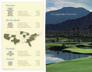 The North*
               CONNECTICUT
                  ILLINOIS
              MASSACHUSETTS
                                                   Revenues (in millions)           $1,087.7
                 MICHIGAN
                                                   Contracts (in millions)          $1,029.4
                MINNESOTA

                                                                                               A Corporate Overview
                NEW JERSEY
                                                   Home Sites Controlled             12,988
                 NEW YORK
                                                   Year-end Backlog (in millions)   $1,073.2
               RHODE ISLAND




         The Mid-Atlantic*
                                                   Revenues (in millions)           $1,340.6
                  DELAWARE
                                                   Contracts (in millions)          $ 950.4
                  MARYLAND
                PENNSYLVANIA
                                                   Home Sites Controlled             18,245
                   VIRGINIA
                                                   Year-end Backlog (in millions)   $ 676.7
                WEST VIRGINIA




          The South*
                                                   Revenues (in millions)           $ 976.9
                 FLORIDA
                                                   Contracts (in millions)          $ 457.3
                 GEORGIA
              NORTH CAROLINA
                                                   Home Sites Controlled             10,334
              SOUTH CAROLINA
                                                   Year-end Backlog (in millions)   $ 436.9
                  TEXAS



           The West*
                                                   Revenues (in millions)           $1,241.8
                                                   Contracts (in millions)          $ 573.0
                    ARIZONA
                   CALIFORNIA
                                                   Home Sites Controlled             17,684
                   COLORADO
                                                   Year-end Backlog (in millions)   $ 667.6
                    NEVADA




* All statistics are as of FYE October 31, 2007.
 