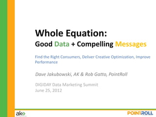 Whole Equation:
Good Data + Compelling Messages
Find the Right Consumers, Deliver Creative Optimization, Improve
Performance

Dave Jakubowski, AK & Rob Gatto, PointRoll
DIGIDAY Data Marketing Summit
June 25, 2012



                       1
 