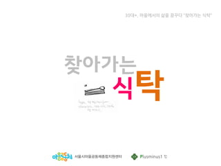 30대+, 마을에서의 삶을 꿈꾸다 “찾아가는 식탁”




찾아가는
           식탁

서울시마을공동체종합지원센터       Plusminus1 ℃
 
