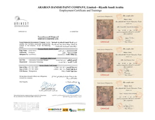 ARABIAN DANISH PAINT COMPANY, Limited—Riyadh Saudi Arabia
Employment Certificate and Trainings
 