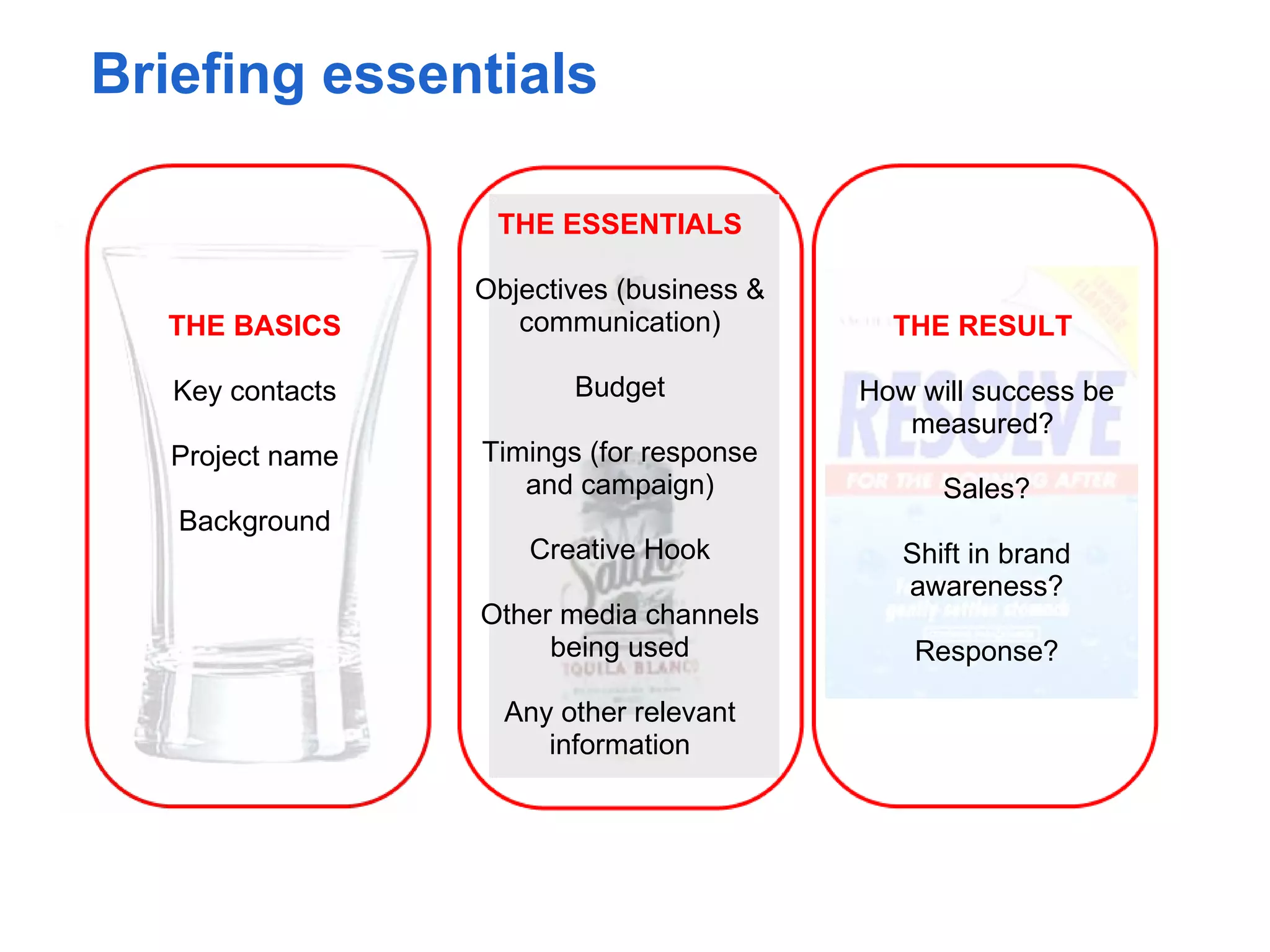 Briefing essentials

                   THE ESSENTIALS

                  Objectives (business &
  THE BASICS         communication)          THE RESULT

   Key contacts          Budget            How will success be
                                              measured?
   Project name   Timings (for response
                     and campaign)               Sales?
   Background
                      Creative Hook           Shift in brand
                                              awareness?
                  Other media channels
                       being used              Response?

                    Any other relevant
                       information
 