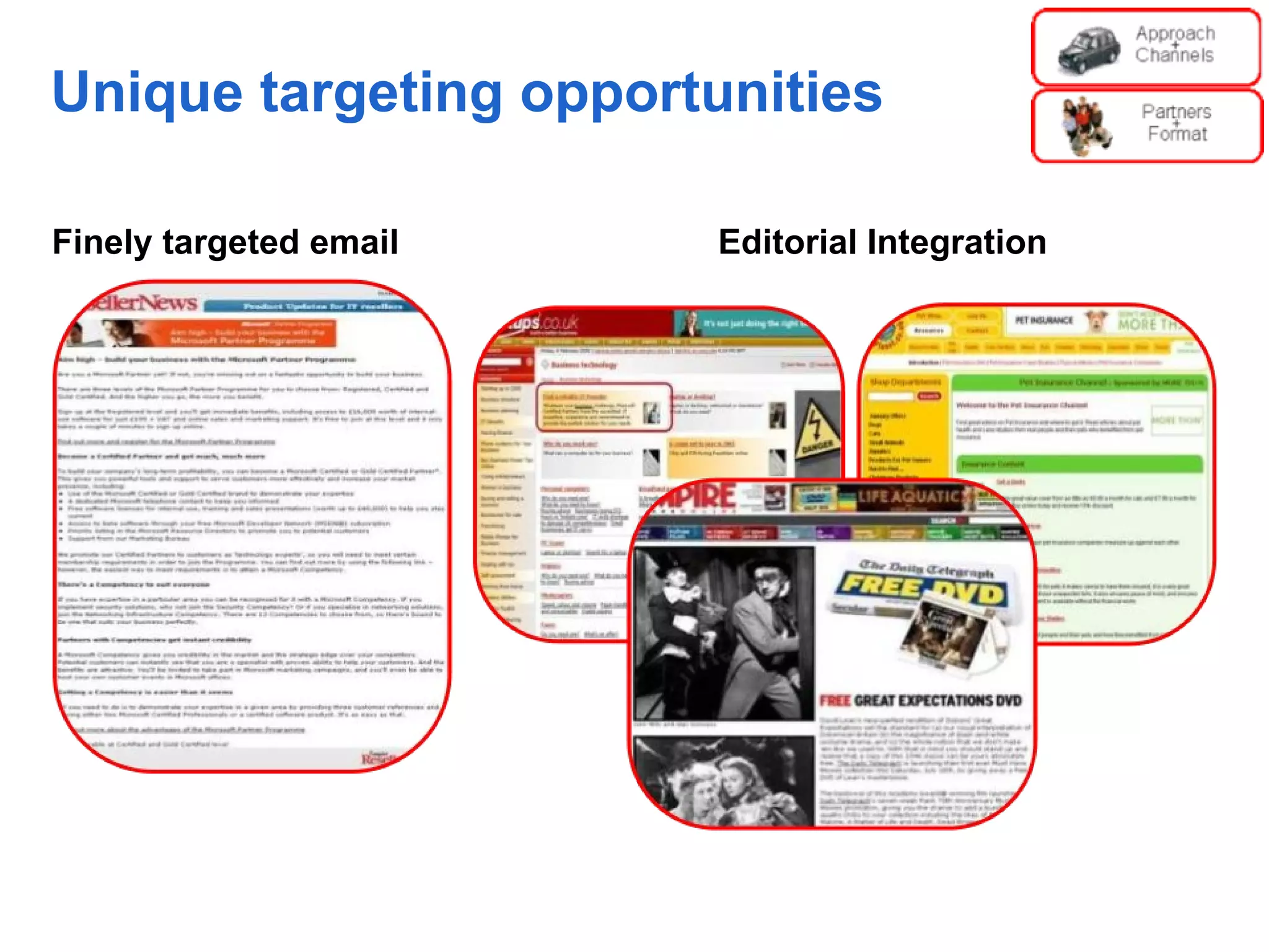 Unique targeting opportunities

Finely targeted email   Editorial Integration
 