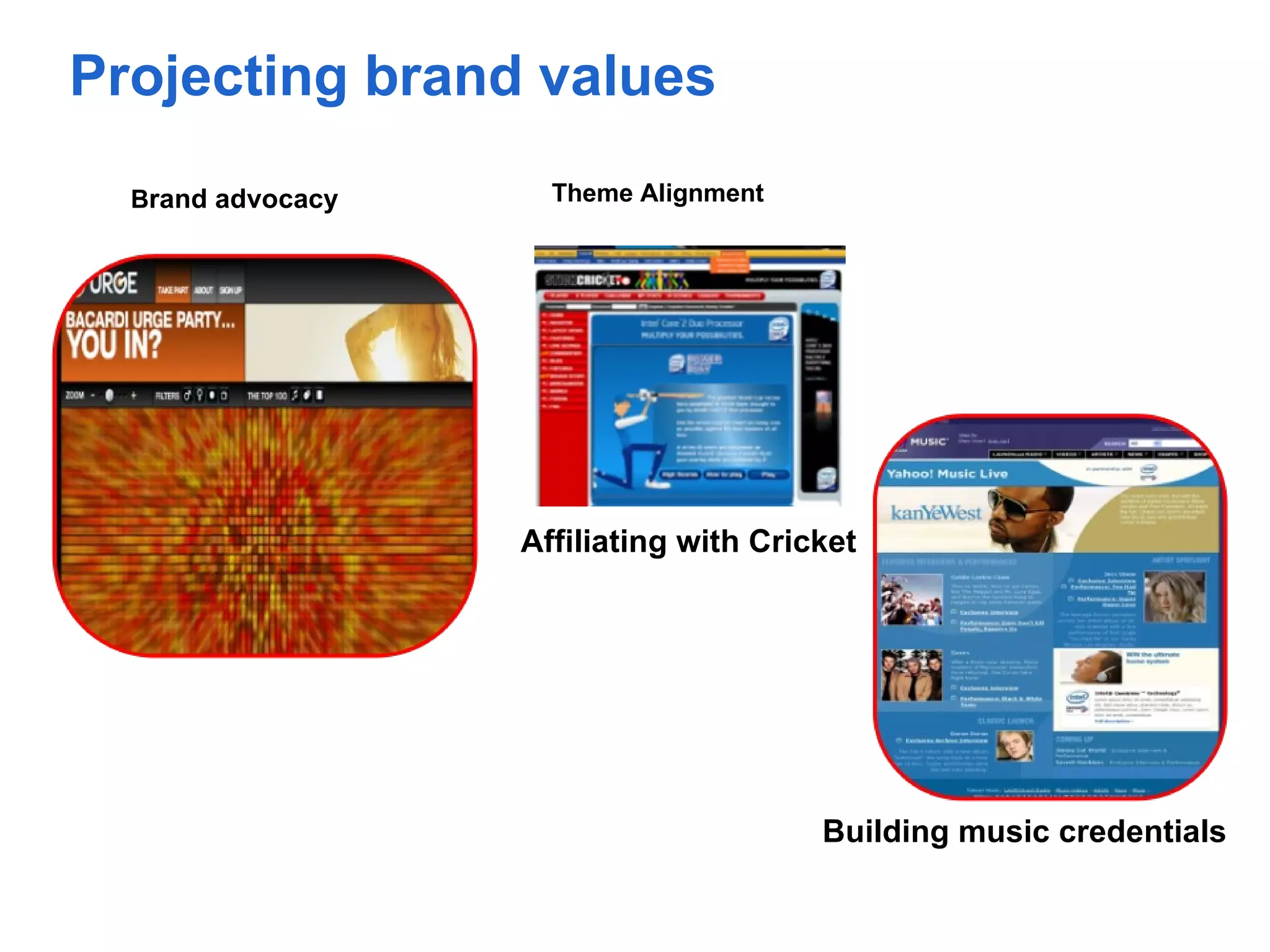 Projecting brand values
  Brand advocacy     Theme Alignment




                   Affiliating with Cricket




                                        Building music credentials
 