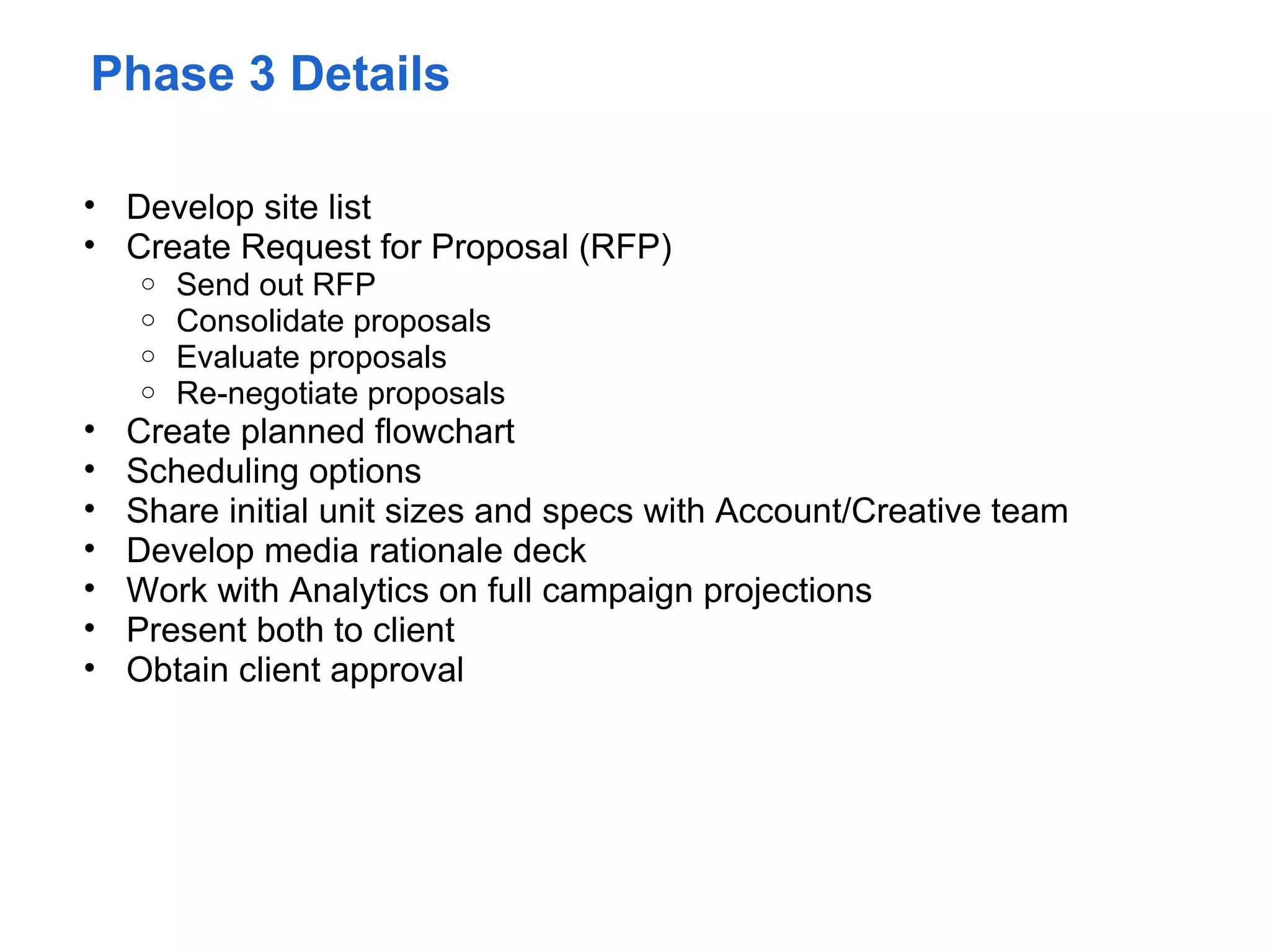Phase 3 Details

• Develop site list
• Create Request for Proposal (RFP)
    o   Send out RFP
    o   Consolidate proposals
    o   Evaluate proposals
    o   Re-negotiate proposals
•   Create planned flowchart
•   Scheduling options
•   Share initial unit sizes and specs with Account/Creative team
•   Develop media rationale deck
•   Work with Analytics on full campaign projections
•   Present both to client
•   Obtain client approval
 