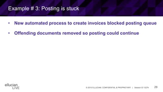 29© 2015 ELLUCIAN. CONFIDENTIAL & PROPRIETARY | Session ID 12274
Example # 3: Posting is stuck
• New automated process to create invoices blocked posting queue
• Offending documents removed so posting could continue
 