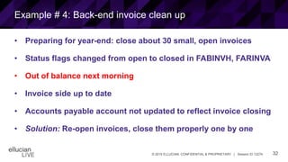 32© 2015 ELLUCIAN. CONFIDENTIAL & PROPRIETARY | Session ID 12274
Example # 4: Back-end invoice clean up
• Preparing for year-end: close about 30 small, open invoices
• Status flags changed from open to closed in FABINVH, FARINVA
• Out of balance next morning
• Invoice side up to date
• Accounts payable account not updated to reflect invoice closing
• Solution: Re-open invoices, close them properly one by one
 