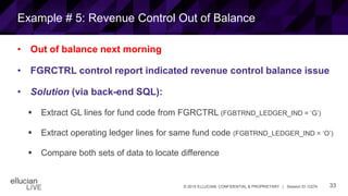 33© 2015 ELLUCIAN. CONFIDENTIAL & PROPRIETARY | Session ID 12274
Example # 5: Revenue Control Out of Balance
• Out of balance next morning
• FGRCTRL control report indicated revenue control balance issue
• Solution (via back-end SQL):
 Extract GL lines for fund code from FGRCTRL (FGBTRND_LEDGER_IND = ‘G’)
 Extract operating ledger lines for same fund code (FGBTRND_LEDGER_IND = ‘O’)
 Compare both sets of data to locate difference
 
