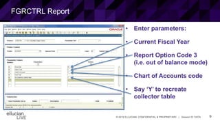 9© 2015 ELLUCIAN. CONFIDENTIAL & PROPRIETARY | Session ID 12274
FGRCTRL Report
• Enter parameters:
• Current Fiscal Year
• Report Option Code 3
(i.e. out of balance mode)
• Chart of Accounts code
• Say ‘Y’ to recreate
collector table
 