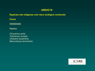 ANEXO III
Espécies não indígenas com risco ecológico conhecido

Fauna

Vertebrados

Répteis:

Chrysemys picta;
Trachemys scrypta;
Chelydra serpentina;
Macroclemys temminckii.
 