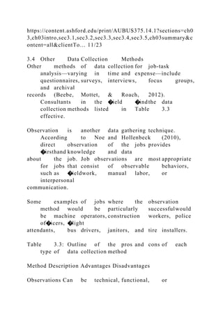 https://content.ashford.edu/print/AUBUS375.14.1?sections=ch0
3,ch03intro,sec3.1,sec3.2,sec3.3,sec3.4,sec3.5,ch03summary&c
ontent=all&clientTo… 11/23
3.4 Other Data Collection Methods
Other methods of data collection for job-task
analysis—varying in time and expense—include
questionnaires, surveys, interviews, focus groups,
and archival
records (Beebe, Mottet, & Roach, 2012).
Consultants in the �ield �indthe data
collection methods listed in Table 3.3
effective.
Observation is another data gathering technique.
According to Noe and Hollenbeck (2010),
direct observation of the jobs provides
�irsthand knowledge and data
about the job. Job observations are most appropriate
for jobs that consist of observable behaviors,
such as �ieldwork, manual labor, or
interpersonal
communication.
Some examples of jobs where the observation
method would be particularly successfulwould
be machine operators, construction workers, police
of�icers, �light
attendants, bus drivers, janitors, and tire installers.
Table 3.3: Outline of the pros and cons of each
type of data collection method
Method Description Advantages Disadvantages
Observations Can be technical, functional, or
 