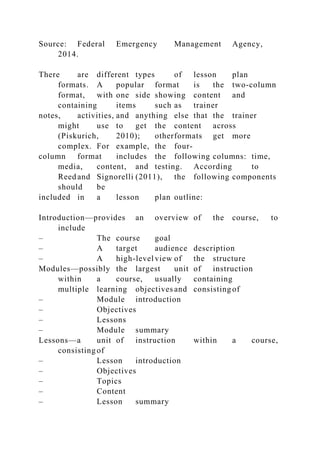 Source: Federal Emergency Management Agency,
2014.
There are different types of lesson plan
formats. A popular format is the two-column
format, with one side showing content and
containing items such as trainer
notes, activities, and anything else that the trainer
might use to get the content across
(Piskurich, 2010); otherformats get more
complex. For example, the four-
column format includes the following columns: time,
media, content, and testing. According to
Reed and Signorelli (2011), the following components
should be
included in a lesson plan outline:
Introduction—provides an overview of the course, to
include
– The course goal
– A target audience description
– A high-level view of the structure
Modules—possibly the largest unit of instruction
within a course, usually containing
multiple learning objectives and consisting of
– Module introduction
– Objectives
– Lessons
– Module summary
Lessons—a unit of instruction within a course,
consisting of
– Lesson introduction
– Objectives
– Topics
– Content
– Lesson summary
 