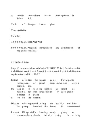 A sample two-column lesson plan appears in
Table 4.7.
Table 4.7: Sample lesson plan
Time Activity
Saturday
7:00–8:00 a.m. BREAKFAST
8:00–9:00 a.m. Program introduction and completion of
pre-questionnaires.
12/28/2017 Print
https://content.ashford.edu/print/AUBUS375.14.1?sections=ch0
4,ch04intro,sec4.1,sec4.2,sec4.3,sec4.4,sec4.5,sec4.6,ch04summ
ary&content=all&… 16/22
Initial activities—the napkin game. Participants
form groups of equal size. Each group gets a
napkin, and
the task is to fold the napkin as small as
possible, but still largeenough for each group
member to place
a toe on the napkin.
Discuss what happened during the activity and how
the group handled the issues it encountered.
Present Kirkpatrick's learning model; group or
team members should ideally enjoy the activity
 