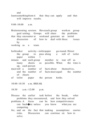 and
learnsomethingfrom it that they can apply and that
will improve results.
9:00–10:00 a.m.
Brainstorming session: Haveeach group work on group
goal setting. Groups will share the problems
that they encounter at work and generate an initial
discussion of how to deal with those issues
by
working as a team.
Icebreaker activity—toilet paper go-round. Direct
the group to pass along a roll of toilet
paper within 1
minute and each group member to tear off as
many sheets as possible. When the time is
up, each person
must tell a number of facts about themselves,
and the number of facts must equal the number
of sheets
of toilet paper the person holds.
10:00–10:30 a.m. BREAK
10:30 a.m.–12:00 p.m.
Discuss the earlier task before the break, what
problems they encountered, and how they solved
problems. A focus can be how competitiveness
can back�ire unless you know what you are
competing
for, and on the fact that making assumptions carries
risks. Discussion can continue on how to
solve
 