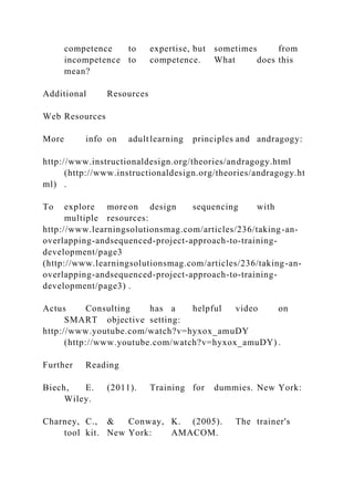 competence to expertise, but sometimes from
incompetence to competence. What does this
mean?
Additional Resources
Web Resources
More info on adultlearning principles and andragogy:
http://www.instructionaldesign.org/theories/andragogy.html
(http://www.instructionaldesign.org/theories/andragogy.ht
ml) .
To explore more on design sequencing with
multiple resources:
http://www.learningsolutionsmag.com/articles/236/taking-an-
overlapping-andsequenced-project-approach-to-training-
development/page3
(http://www.learningsolutionsmag.com/articles/236/taking-an-
overlapping-andsequenced-project-approach-to-training-
development/page3) .
Actus Consulting has a helpful video on
SMART objective setting:
http://www.youtube.com/watch?v=hyxox_amuDY
(http://www.youtube.com/watch?v=hyxox_amuDY) .
Further Reading
Biech, E. (2011). Training for dummies. New York:
Wiley.
Charney, C., & Conway, K. (2005). The trainer's
tool kit. New York: AMACOM.
 