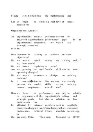 Figure 3.4: Pinpointing the performance gap
Let us begin by detailing each level of needs
assessment.
Organizational Analysis
An organizational analysis evaluates current or
projected organizational performance gaps. In an
organizational assessment, we would ask
strategic questions
such as:
How important is training to achieve business
objectives?
Do we want to spend money on training and, if
so, how much?
Do we have a legal duty to train?
Are we growing our workforce's skill sets to meet
upcoming changes?
Do we want to outsource or design the training
in-house?
Is it more ef�icient to hire workers who already
possess the needed skills versus training
current employees who do not?
Here we focus on performance not only in relation
to alignment with the organization's culture and
strategic goals, but also in relation to how
performance can
be affected by external variables such as available
resources, changing workforce demographics, consumer
preferences, political trends, obsolete technology,
or
the economy. Chiu, Thompson, Mak,and Lo (1999)
 