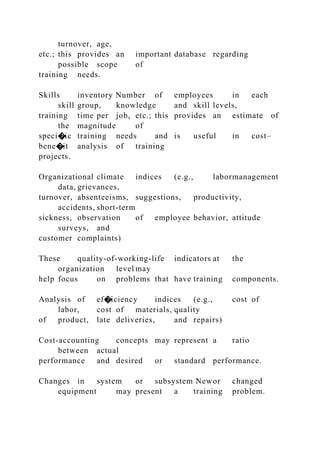 turnover, age,
etc.; this provides an important database regarding
possible scope of
training needs.
Skills inventory Number of employees in each
skill group, knowledge and skill levels,
training time per job, etc.; this provides an estimate of
the magnitude of
speci�ic training needs and is useful in cost–
bene�it analysis of training
projects.
Organizational climate indices (e.g., labormanagement
data, grievances,
turnover, absenteeisms, suggestions, productivity,
accidents, short-term
sickness, observation of employee behavior, attitude
surveys, and
customer complaints)
These quality-of-working-life indicators at the
organization level may
help focus on problems that have training components.
Analysis of ef�iciency indices (e.g., cost of
labor, cost of materials, quality
of product, late deliveries, and repairs)
Cost-accounting concepts may represent a ratio
between actual
performance and desired or standard performance.
Changes in system or subsystem Newor changed
equipment may present a training problem.
 
