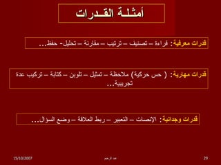 أمثـلـة القــدرات قدرات معرفية :  قراءة – تصنيف – ترتيب – مقارنة – تحليل -  حفظ ... قدرات مهارية : (  حس حركية )  ملاحظة – تمثيل – تلوبن – كتابة – تركيب عدة تجريبية ... قدرات وجدانية :  الإنصات – التعبير – ربط العلاقة – وضع السؤال ... 15/10/2007 عبد الرحيم 