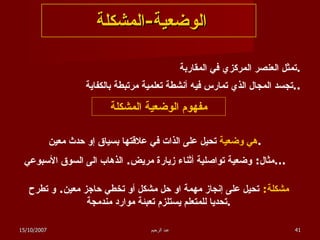 الوضعية - المشكلة  تمثل العنصر المركزي في المقاربة . تجسد المجال الذي تمارس فيه أنشطة تعلمية مرتبطة بالكفاية .. مفهوم الوضعية المشكلة هي وضعية  تحيل على الذات في علاقتها بسياق إو حدث معين . مثال :  وضعية تواصلية أثناء زيارة مريض .  الذهاب الى السوق الأسبوعي ... مشكلة :   تحيل على إنجاز مهمة او حل مشكل أو تخطي حاجز معين .  و تطرح تحديا للمتعلم يستلزم تعبئة موارد مندمجة . 15/10/2007 عبد الرحيم 