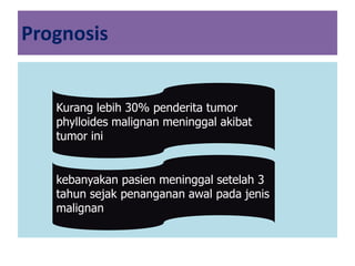 Prognosis
Kurang lebih 30% penderita tumor
phylloides malignan meninggal akibat
tumor ini
kebanyakan pasien meninggal setelah 3
tahun sejak penanganan awal pada jenis
malignan
 