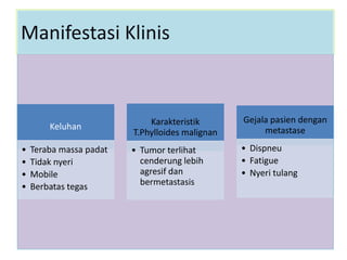 Manifestasi Klinis
Keluhan
• Teraba massa padat
• Tidak nyeri
• Mobile
• Berbatas tegas
Karakteristik
T.Phylloides malignan
• Tumor terlihat
cenderung lebih
agresif dan
bermetastasis
Gejala pasien dengan
metastase
• Dispneu
• Fatigue
• Nyeri tulang
 