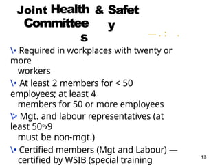 Health
Committee
s
13
Safet
y
— .
. : .
• Required in workplaces with twenty or
more
workers
• At least 2 members for < 50
employees; at least 4
members for 50 or more employees
> Mgt. and labour representatives (at
least 50O
›9
must be non-mgt.)
• Certified members (Mgt and Labour) —
certified by WSIB (special training
 