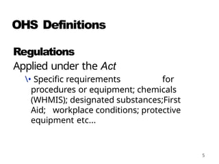5
OHS Definitions
Regulations
Applied under the Act
• Specific requirements for
procedures or equipment; chemicals
(WHMIS); designated substances;First
Aid; workplace conditions; protective
equipment etc...
 