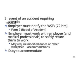 55
In event of an accident requiring
medical
attentio
n:
s• Employer must notify the WSIB (72 hrs).
• Form 7 (Repol of Accident)
• Employer must work with employee (and
medical professionals) to safely return
them to work
• May require modified duties or other
workplace accommodations
• Duty to accommodate
 