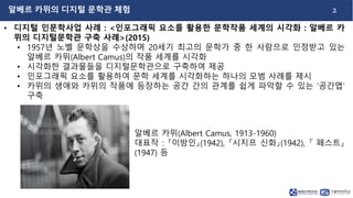 2
알베르 카뮈의 디지털 문학관 체험
• 디지털 인문학사업 사례 : <인포그래픽 요소를 활용한 문학작품 세계의 시각화 : 알베르 카
뮈의 디지털문학관 구축 사례>(2015)
• 1957년 노벨 문학상을 수상하며 20세기 최고의 문학가 중 한 사람으로 인정받고 있는
알베르 카뮈(Albert Camus)의 작품 세계를 시각화
• 시각화한 결과물들을 디지털문학관으로 구축하여 제공
• 인포그래픽 요소를 활용하여 문학 세계를 시각화하는 하나의 모범 사례를 제시
• 카뮈의 생애와 카뮈의 작품에 등장하는 공간 간의 관계를 쉽게 파악할 수 있는 ‘공간맵’
구축
알베르 카뮈(Albert Camus, 1913-1960)
대표작 : 『이방인』(1942), 『시지프 신화』(1942), 『 페스트』
(1947) 등
 