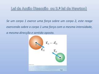 Se um corpo 1 exerce uma força sobre um corpo 2, este reage
exercendo sobre o corpo 1 uma força com a mesma intensidade,
a mesma direcção e sentido oposto.
 