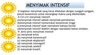 MENYIMAK INTENSIF
 kegiatan menyimak yang harus dilakukan dengan sungguh-sungguh,
penuh konsentrasi untuk menangkap makna yang dikehendaki.
 Ciri-ciri menyimak intensif:
(a)menyimak intensif adalah menyimak pemahaman
(b)menyimak intensif memerlukan konsentrasi tinggi
(c)menyimak intensif ialah memahami bahasa formal
(d)menyimak intensif diakhiri dengan reproduksi bahan simakan.
 Jenis-jenis menyimak intensif:
(a) menyimak kritis
(b) menyimak konsentratif
(c) menyimak eksploratif
(d) menyimak interogatif
(e) menyimak selektif
(f) menyimak kreatif.
 