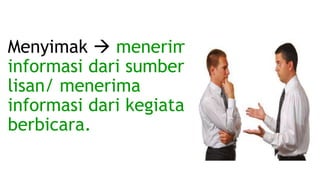 Menyimak  menerima
informasi dari sumber
lisan/ menerima
informasi dari kegiatan
berbicara.
 