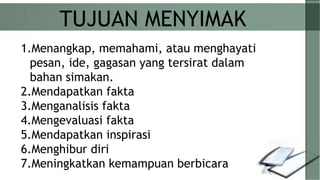 1.Menangkap, memahami, atau menghayati
pesan, ide, gagasan yang tersirat dalam
bahan simakan.
2.Mendapatkan fakta
3.Menganalisis fakta
4.Mengevaluasi fakta
5.Mendapatkan inspirasi
6.Menghibur diri
7.Meningkatkan kemampuan berbicara
TUJUAN MENYIMAK
 