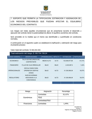 1D-GAR-F42
Versión: 5
Vigencia: 30 de Enero de 2012
Página 41 de 43
7. SOPORTE QUE PERMITA LA TIPIFICACION, ESTIMACION Y ASIGNACION DE
LOS RIESGOS PREVISIBLES QUE PUEDAN AFECTAR EL EQUILIBRIO
ECONOMICO DEL CONTRATO.
Los riesgos son todas aquellas circunstancias que de presentarse durante el desarrollo y
ejecución del contrato tienen la potencialidad de alterar el equilibrio económico del contrato.
Será previsible en la medida que el mismo sea identificable y cuantificable en condiciones
normales.
A continuación en el siguiente cuadro se establecerá la tipificación y estimación del riesgo para
el presente proceso:
Valor total del contrato: $ 389.294.000
Total estimación del riesgo: $ 168.704.156,24
RIES|GO GENERAL OBSERVACIONES PROBABILIDAD IMPACTO ESTIMACIÓN PARTICIPACIÓN
ECONOMICO
FALTA DE RECURSOS DEL
CONTRATANTE
MEDIO ALTO ALTO 103.599.877,98 61,41%
FINANCIERO FLUJO DE CAJA IRREGULAR BAJO BAJO 2.433.087,5 1,44%
OPERACIONALES
DIFICULTADES PARA
OPERAR EN CIERTAS
ZONAS
BAJO ALTO 31.335.598,38 18,57%
REGULATORIO
NUEVAS NORMAS
ASOCIADAS A LA
CONVIVENCIA
BAJO ALTO 31.335.598,38 18,57%
Riesgo Asignación Porcentaje
Económicos
Contratista 61,41%
FDLE
Contratista/FDLE
Financieros Contratista 1,44%
 