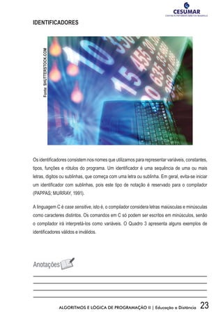 23ALGORITMOS E LÓGICA DE PROGRAMAÇÃO II | Educação a Distância
IDENTIFICADORES
Os identificadores consistem nos nomes que utilizamos para representar variáveis, constantes,
tipos, funções e rótulos do programa. Um identificador é uma sequência de uma ou mais
letras, dígitos ou sublinhas, que começa com uma letra ou sublinha. Em geral, evita-se iniciar
um identificador com sublinhas, pois este tipo de notação é reservado para o compilador
(PAPPAS; MURRAY, 1991).
A linguagem C é case sensitive, isto é, o compilador considera letras maiúsculas e minúsculas
como caracteres distintos. Os comandos em C só podem ser escritos em minúsculos, senão
o compilador irá interpretá-los como variáveis. O Quadro 3 apresenta alguns exemplos de
identificadores válidos e inválidos.
Fonte:SHUTTERSTOCK.COM
 
