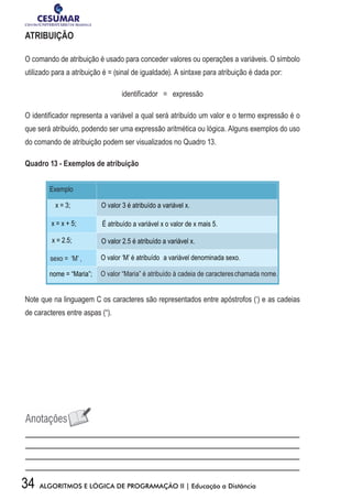 34 ALGORITMOS E LÓGICA DE PROGRAMAÇÃO II | Educação a Distância
ATRIBUIÇÃO
O comando de atribuição é usado para conceder valores ou operações a variáveis. O símbolo
utilizado para a atribuição é = (sinal de igualdade). A sintaxe para atribuição é dada por:
identificador = expressão
O identificador representa a variável a qual será atribuído um valor e o termo expressão é o
que será atribuído, podendo ser uma expressão aritmética ou lógica. Alguns exemplos do uso
do comando de atribuição podem ser visualizados no Quadro 13.
Quadro 13 - Exemplos de atribuição
Note que na linguagem C os caracteres são representados entre apóstrofos (‘) e as cadeias
de caracteres entre aspas (“).
 