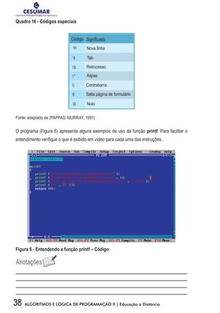 38 ALGORITMOS E LÓGICA DE PROGRAMAÇÃO II | Educação a Distância
Quadro 16 - Códigos especiais
Código
n Nova linha
t Tab
b Retrocesso
’’ Aspas
 Contrabarra
f Salta página de formulário
0 Nulo
Significado
Fonte: adaptado de (PAPPAS; MURRAY, 1991)
O programa (Figura 6) apresenta alguns exemplos de uso da função printf. Para facilitar o
entendimento verifique o que é exibido em vídeo para cada uma das instruções.
Figura 6 - Entendendo a função printf – Código
 
