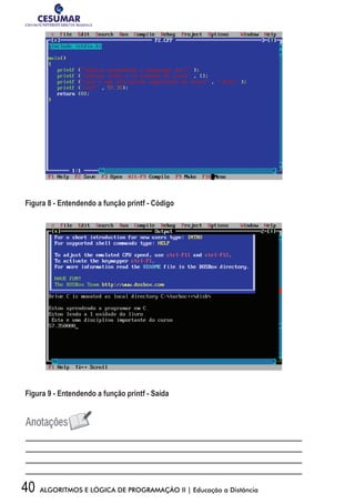 40 ALGORITMOS E LÓGICA DE PROGRAMAÇÃO II | Educação a Distância
Figura 8 - Entendendo a função printf - Código
Figura 9 - Entendendo a função printf - Saída
 