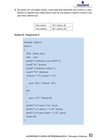 83ALGORITMOS E LÓGICA DE PROGRAMAÇÃO II | Educação a Distância
5.	 De acordo com uma tabela médica, o peso ideal está relacionado com a altura e o sexo.
Elabore um algoritmo que receba altura e sexo de uma pessoa e calcule e imprima o seu
peso ideal, sabendo que:
Para homens (72.7 x altura) -58
Para mulheres (62.1 x altura) -44.7
Quadro 36 - Programa em C
#include stdio.h
main ()
{
float altura, peso;
char sexo;
printf(“n Informe o sexo (M/F):”);
scanf(“%c”, sexo);
printf(“n Informe a altura:”);
scanf (“%f”, altura);
if ((sexo== ‘F’) || (sexo==‘f’))
{
peso= (62.1 * altura) - 44.7;
}
else
{
peso =(72.7 *altura)-58;
}
printf (“n O sexo e: %c”, sexo);
printf (“n A altura e : %.2f”, altura);
printf (“n O peso ideal e : %.2f”, peso);
return (0);
}
 