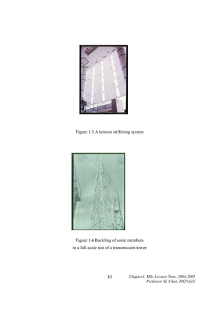 Figure 1.3 A tension stiffening system

Figure 1.4 Buckling of some members
in a full-scale test of a transmission tower

10

Chapter1, MSc Lecture Note, 2004-2005
Professor SL Chan, HKPolyU

 