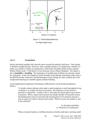 Load P/P

cr

1.5

1

e/L = 0.01
e/L = -0.01

e P
θ

0.5
Large Deflection
Theory
Analytical Solution
e=0, Koiter (1962)

0
-20

0

-10

20

10

Rotation θ (in degrees)

Figure 1.7 Post-buckling Behaviour
of a Right Angle Frame

1.6.1.1

Formulation

Stocky and tensile members fail when the stress exceeds the material yield stress. Their design
is therefore straight forward. However, when a slender member is in compression, whether it is
partly (e.g. beams) or wholly in compression, it fails before the plastic failure load is reached
(Plastic Failure Load = Yield Stress x Cross Sectional Area or Plastic Modulus). The failure is
due to instability or buckling. The importance of unstable type of failure of a structure cannot
be overlooked. In fact, the complexity of the formulae in the ultimate steel design codes such as
the BS5950 and the American Load and Resistance Factor Design for steel is mainly due to the
complicated checking of a member against inelastic buckling.
A non-mathematical explanation of buckling is difficult but it can be briefly postulated as
follows.
"A slender column shortens when under a small compressive axial load applied at top.
In doing so, its weight will lower its position. The tendency to lower down its
position is a natural law. Further to this, it will select the easiest path to lower down
its position. When a larger load is present, the slender member will possibly choose
the bending down action to maximum the lowering down of its position, because it
may be easier for it than to shorten itself axially. When it occurs, the member is said
to have buckled".
by Salvadori and Heller
in "Structures in Architecture"
When a structure buckles, its stiffness becomes critically small and a vanishing small
20

Chapter1, MSc Lecture Note, 2004-2005
Professor SL Chan, HKPolyU

 