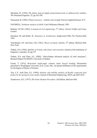 Merchant, W. (1954), The failure load of rigidly jointed frameworks as influenced by stability,
The Structural Engineer, 32, pp.185-190.
Narayanan, R. (1985), Plated structures - stability and strength, Elsevier Applied Science, N.Y.
NAFSHELL, Nonlinear analysis of shells, User's Reference Manual, 1993.
Rankine, W.J.M. (1863), A manual of civil engineering, 2nd edition, Charles Griffin and Comp.
London.
Salvadori, M. and Heller, R., Structures in Architecture, Englewood Cliffs, NJ, Prentice-Hall,
1963.
Timoshenko, S.P. and Gere, J.M. (1961), Theory of elastic stability, 2nd edition, McGraw-Hill,
New York.
Trahair, N.S. (1965), Stability of I-beam with elastic end restraints, Journal of the Institution of
Engineers, Australia, 38, pp.157
Trahair, N.S. and Chan, S.L. (2002), “Out-of-plane advanced analysis of steel structures”,
Research Report No.RXXX, University of Sydney.
Usami, T. (1971), Restrained single-angle columns under biaxial bending, Dissertation
presented to Washington University at St. Louis, Mo., for partial fulfilment of the requirements
for the degree of Doctor of Science.
Yau, C.Y. And Chan, S.L. (1994), Inelastic and stability analysis of flexibly connected steel
frames by the spring-in-series model, Journal of Structural Engineering, ASCE, pp.2803-2819.
Zienkiewics, O.C. (1977), The Finite Element Procedure, 3rd Edition, McGraw-Hill.

55

Chapter1, MSc Lecture Note, 2004-2005
Professor SL Chan, HKPolyU

 