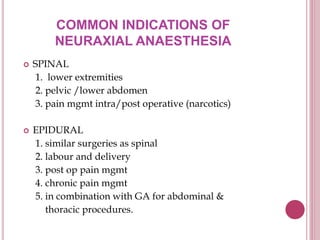 COMMON INDICATIONS OF
NEURAXIAL ANAESTHESIA
 SPINAL
1. lower extremities
2. pelvic /lower abdomen
3. pain mgmt intra/post operative (narcotics)
 EPIDURAL
1. similar surgeries as spinal
2. labour and delivery
3. post op pain mgmt
4. chronic pain mgmt
5. in combination with GA for abdominal &
thoracic procedures.
 