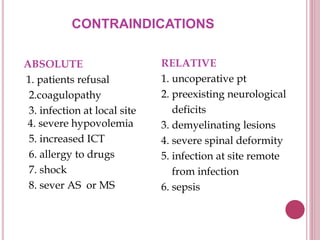 CONTRAINDICATIONS
ABSOLUTE
1. patients refusal
2.coagulopathy
3. infection at local site
4. severe hypovolemia
5. increased ICT
6. allergy to drugs
7. shock
8. sever AS or MS
RELATIVE
1. uncoperative pt
2. preexisting neurological
deficits
3. demyelinating lesions
4. severe spinal deformity
5. infection at site remote
from infection
6. sepsis
 